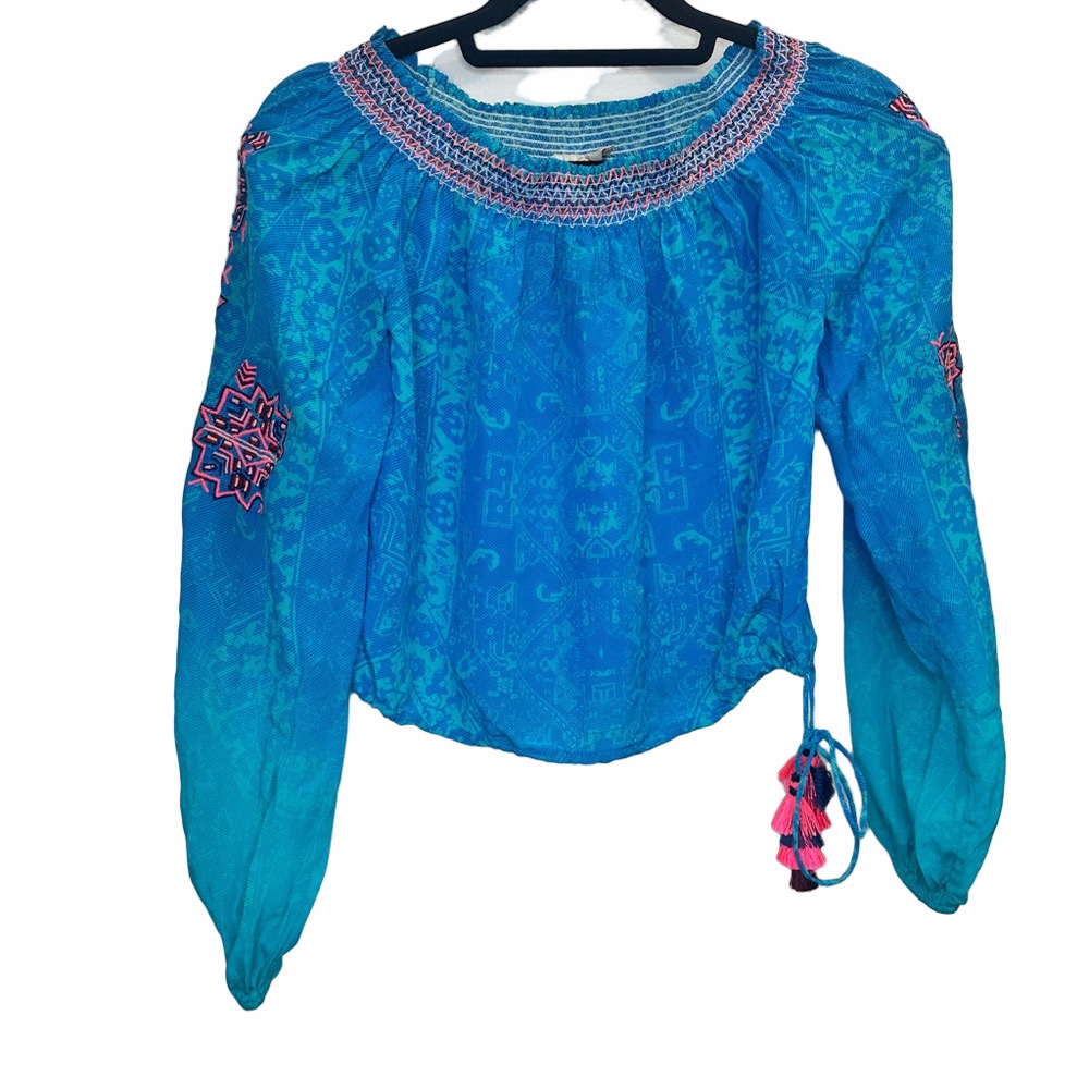 Rococo Sand Blue Tassel Tie Waist 100% Silk Blouse Size XSmall